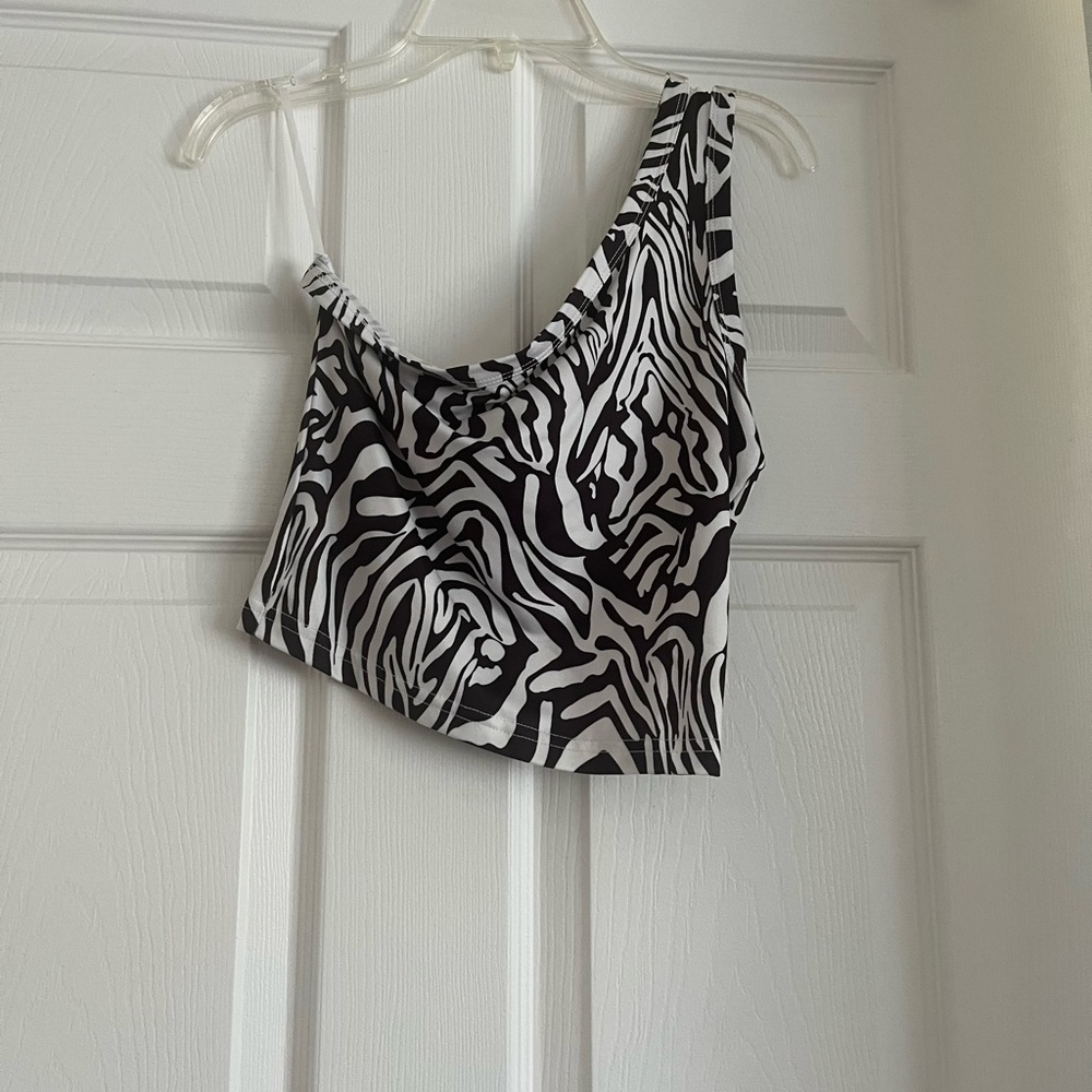 One Shoulder Zebra Striped Crop Top